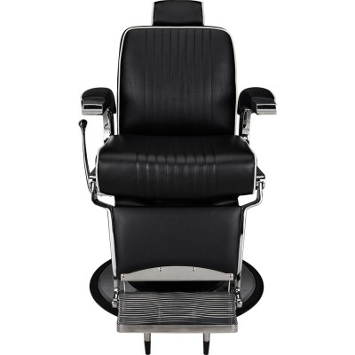 Black barber chair, chrome-disk base