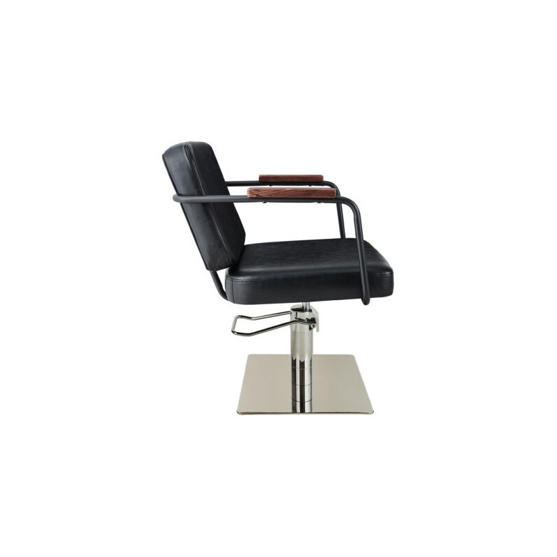 Czarny fotel fryzjerski, kwadratowa podstawa
