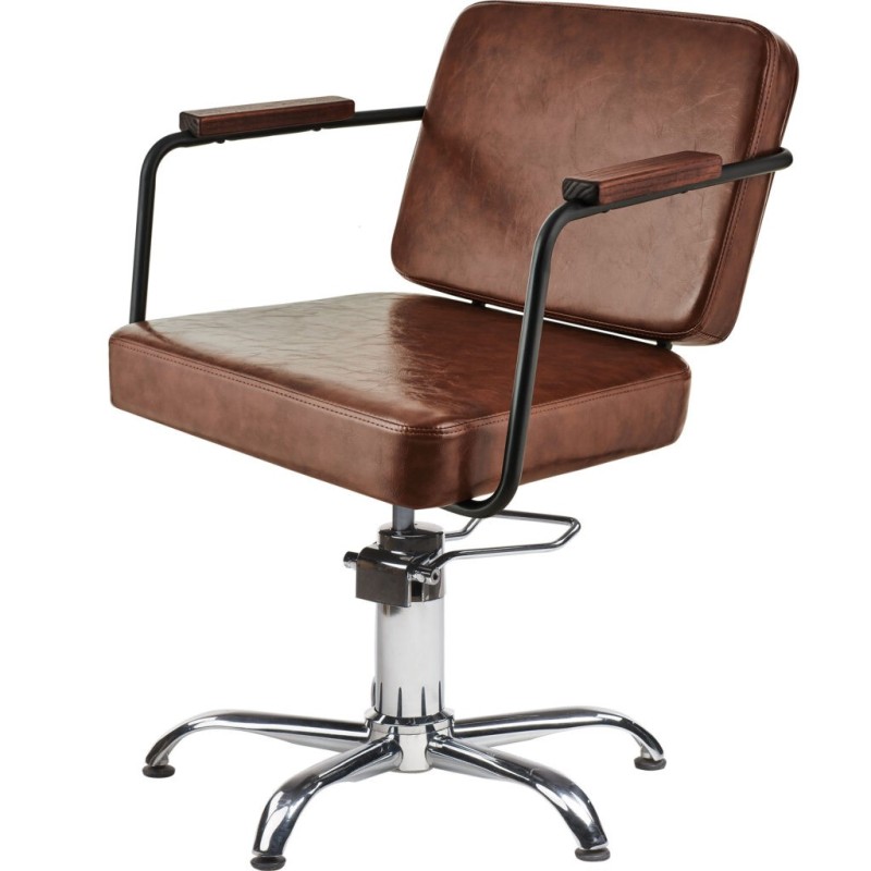 Brązowy fotel fryzjerski, srebrna podstawa