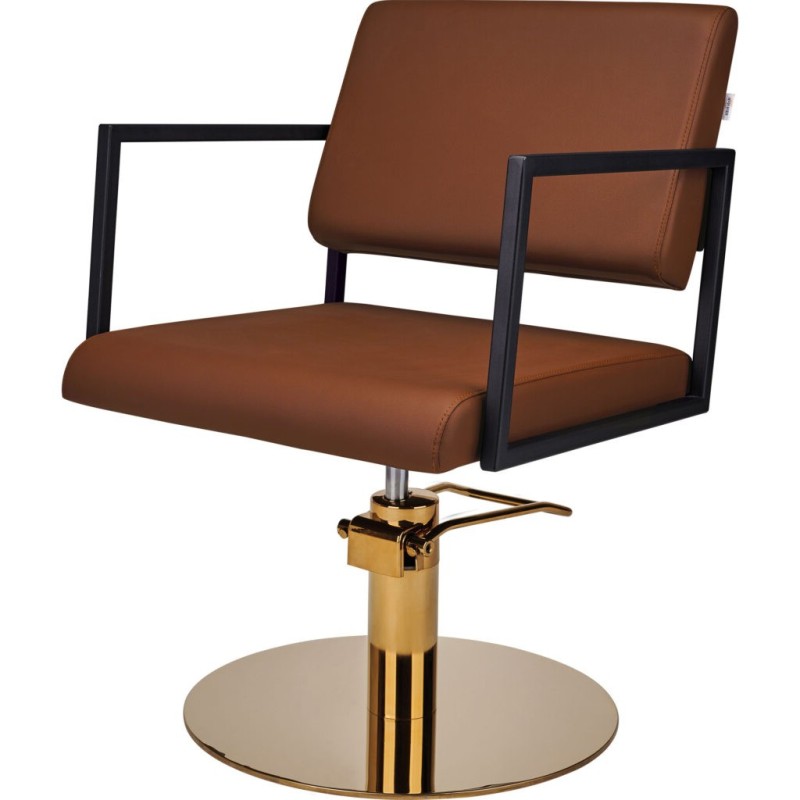 Brązowy Fotel Fryzjerski LOFT - Złota Okrągła Podstawa - Ayala 48h -Fotele fryzjerskie- 
