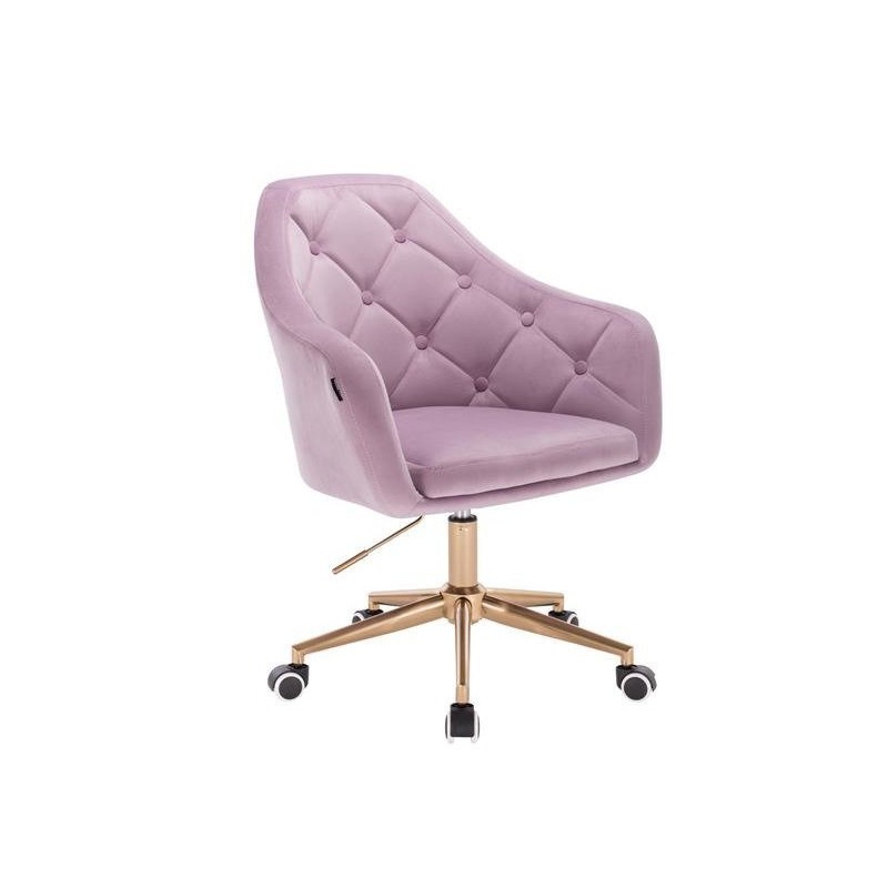 Welurowy wrzosowy fotel na kółkach