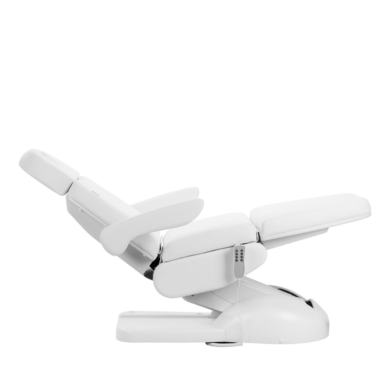 Biały elektryczny fotel do zabiegów kosmetycznych rozkłada się