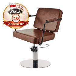Brązowy Fotel Fryzjerski ENZO  Srebrna Okrągła Podstawa  Ayala 48h krzesło fryzjerskie EVERSUN