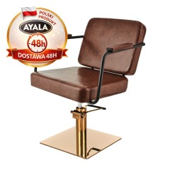 Brązowy Fotel Fryzjerski ENZO  Złota Kwadratowa Podstawa  Ayala 48h krzesło fryzjerskie EVERSUN