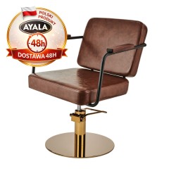 Brązowy Fotel Fryzjerski ENZO  Złota Okrągła Podstawa  Ayala 48h krzesło fryzjerskie EVERSUN