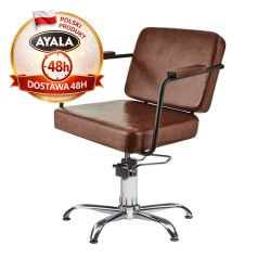 Brązowy Fotel Fryzjerski ENZO  Srebrna Pięcioramienna Podstawa  Ayala 48h krzesło fryzjerskie EVERSUN