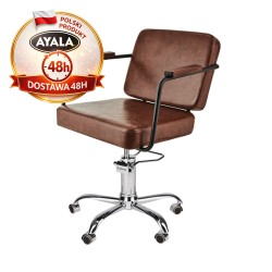 Brązowy Fotel Fryzjerski ENZO  Srebrna Pięcioramienna Podstawa  Ayala 48h krzesło fryzjerskie EVERSUN