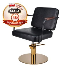 Czarny Fotel Fryzjerski ENZO  Złota Okrągła Podstawa  Ayala 48h krzesło fryzjerskie EVERSUN