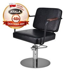 Czarny Fotel Fryzjerski ENZO  Srebrna Okrągła Podstawa  Ayala 48h krzesło fryzjerskie EVERSUN