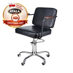 Czarny Fotel Fryzjerski ENZO  Srebrna Pięcioramienna Podstawa  Ayala 48h krzesło fryzjerskie EVERSUN