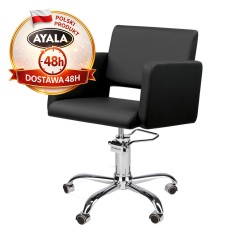 Czarny Fotel Fryzjerski LEA  Srebrna Pięcioramienna Podstawa  Ayala 48h krzesło fryzjerskie EVERSUN