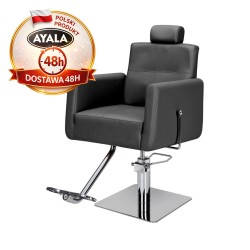 Czarny Fotel Fryzjerski RAY  Srebrna Kwadratowa Podstawa  Ayala 48h krzesło fryzjerskie EVERSUN