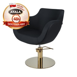 Czarny Fotel Fryzjerski THOMAS  Złota Okrągła Podstawa  Ayala 48h krzesło fryzjerskie EVERSUN
