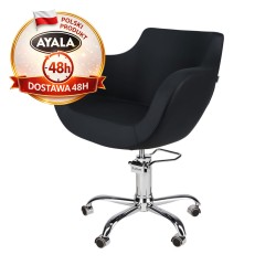 Czarny Fotel Fryzjerski THOMAS  Srebrna Pięcioramienna Podstawa  Ayala 48h krzesło fryzjerskie EVERSUN