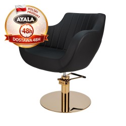 Czarny Fotel Fryzjerski THOMAS P  Złota Okrągła Podstawa  Ayala 48h krzesło fryzjerskie EVERSUN