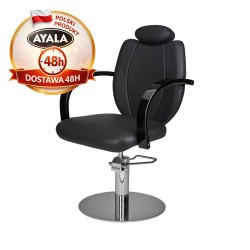 Czarny Fotel Fryzjerski TOLEDO  Srebrna Okrągła Podstawa  Ayala 48h krzesło fryzjerskie EVERSUN