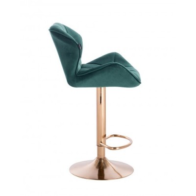 PETYR – Krzesło kosmetyczne tapicerowane butelkowa zieleń welur, złoty dysk z podnóżkiem -Taborety kosmetyczne i hokery- 